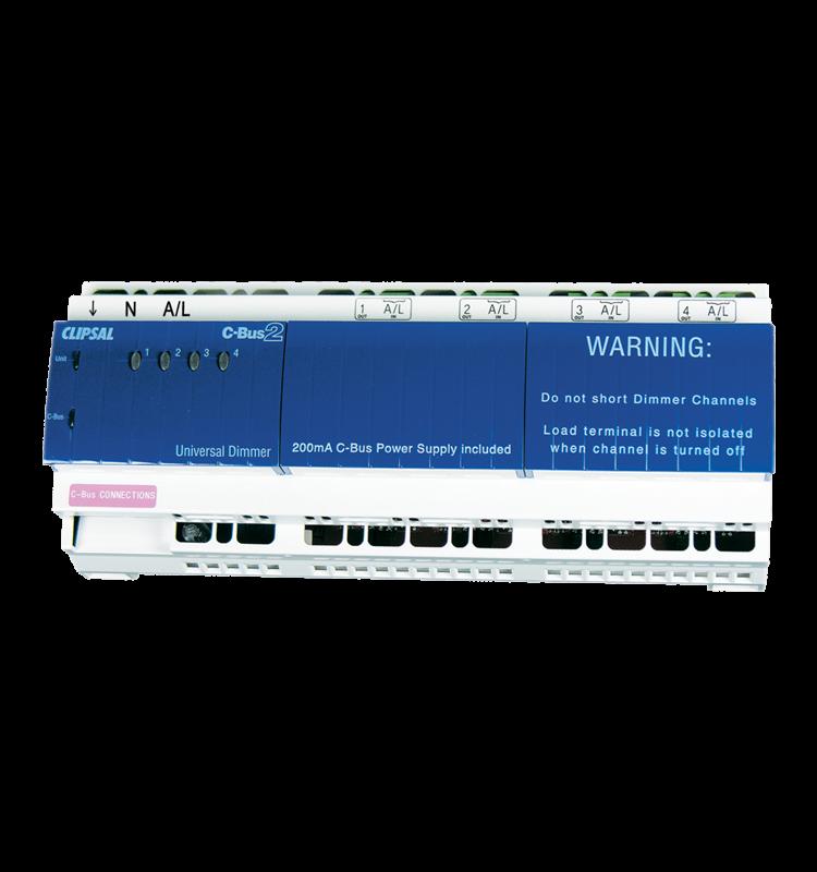 C-Bus DIN Rail-Mounted 4-Channel Universal Dimmers Used with leading or trailing edge compatible low voltage electronic transformers, incandescent lamps and low voltage lamps with iron-core