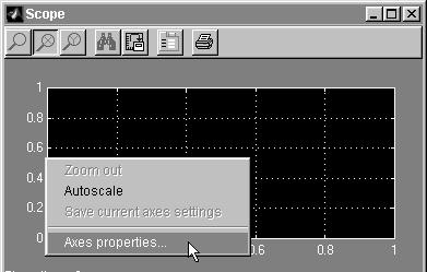 Simulink Model 6 From the pop-up menu, click Axis Properties. 7 The Scope properties: axis 1 dialog box opens. In the Y-min and Y-max text boxes, enter the range for the y-axis in the Scope window.