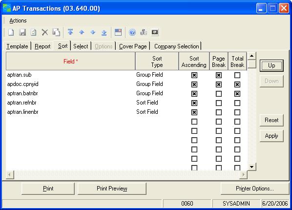 Report Assistant Accounts Payable Sort Type The Sort Type field describes the type of field identified in Field field.
