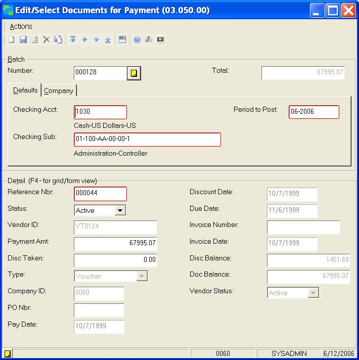 Report Assistant Accounts Payable Edit/Select Documents for Payment Screen 03.050.00 Batch.batnbr Calculated batch.bankacct Batch.perpost batch.banksub Apdoc.discdate Apdoc.refnbr Apdoc.status Apdoc.