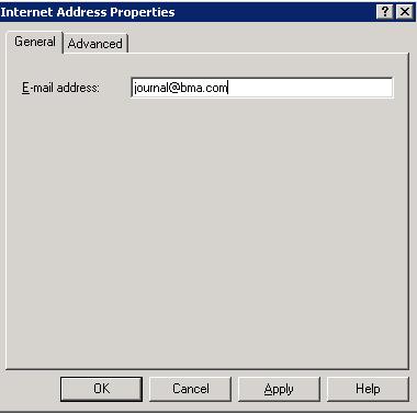 6. Click SMTP Address and click OK; the Internet Address Properties dialog box displays: 7. In the General tab, enter the external email address where the journaling messages are to be stored, e.g., journal@bma.