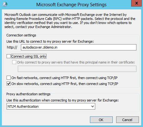 The Microsoft Exchange Proxy Settings window opens. 18. Enter the relevant information for the connection settings.