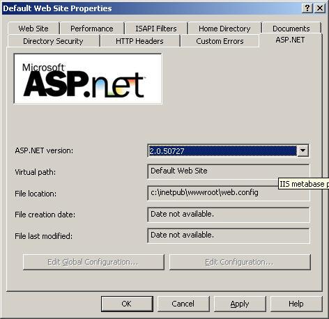 NET version is 2.0.50727. If not, click the ASP.NET version drop-down list and select 2.0.50727. 12. Click [OK] or [Apply].