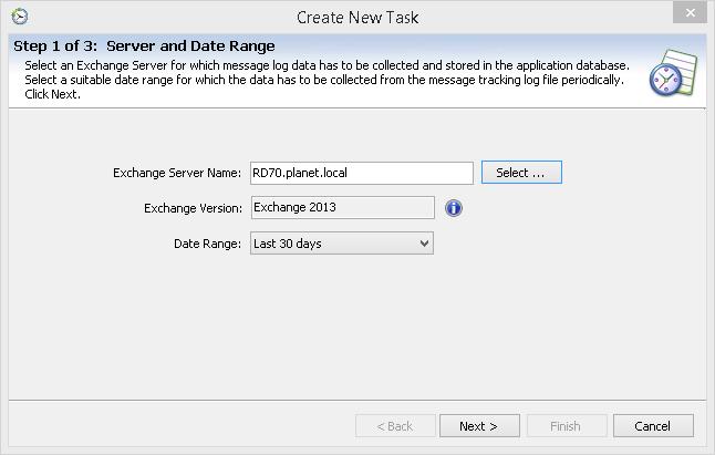 3.4.2.1 Create Task To launch Data Collector (Schedule) manager, click will bring up the Create New Task wizard. option in the Actions pane. This Step 1: Server and Date Range Selection: Click Select.