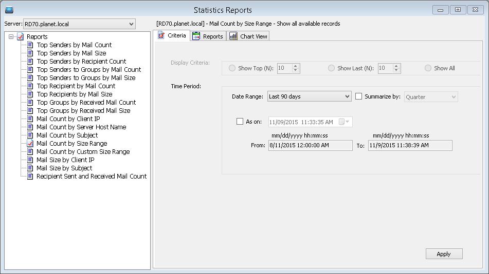 2) Server and Report Selection Step: Exchange Server in the drop-down list.