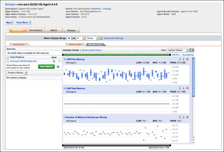 View Agent Metric Data The Metric Data page for an Hyperic Agent displays