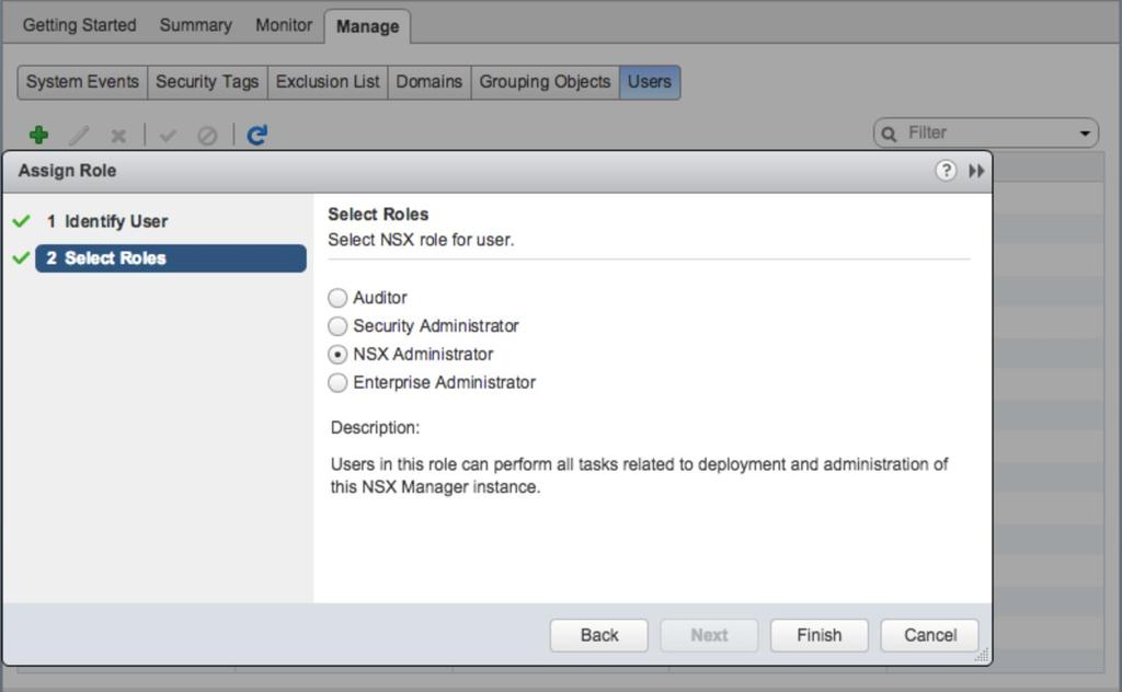 7. Select NSX Administrator, and under Select Roles, click Finish. Set up an account on the target NSX Controller 1.