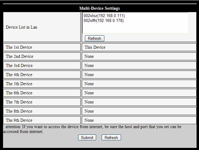 2 Multi-Device Settings Figure 21 Multi-device settings The Multi-device feature allows the monitoring of up to 9 devices simultaneously. Click the refresh button to locate the devices on the LAN.