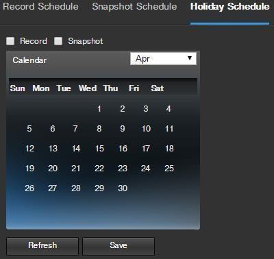 Below is an explanation of the fields on the Holiday Schedule settings tab: Record Type: These checkboxes allow the user to select which recording type they want to configure on the schedule.