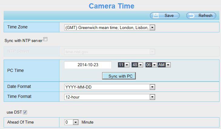 Figure 4.7 Time Zone: Select the time zone for your region from the drop-down menu. Sync with NTP server: Network Time Protocol will synchronize your camera with an Internet time server.