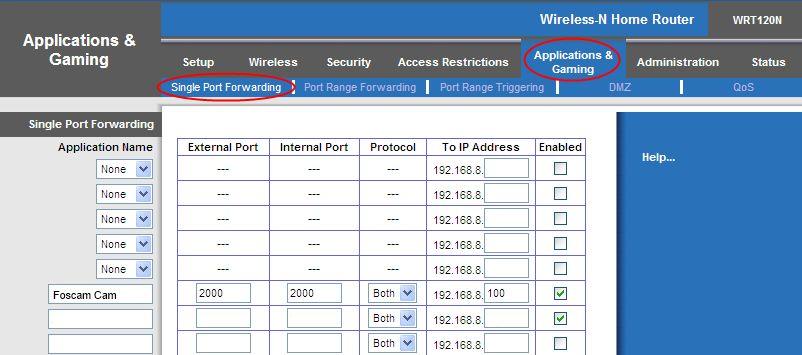 to Applications & Gaming->Single Port Forwarding. Secondly, Create a new column by LAN IP address & HTTP Port No. of the camera within the router showed as below.