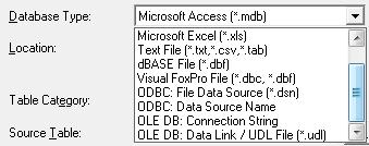 For other existing databases, select database type for a selection of database types. Then point to the database source.