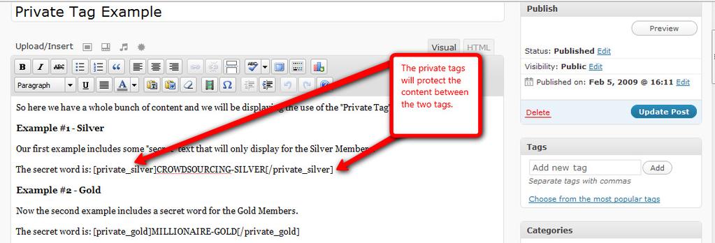 Add text to display in Private Tag if