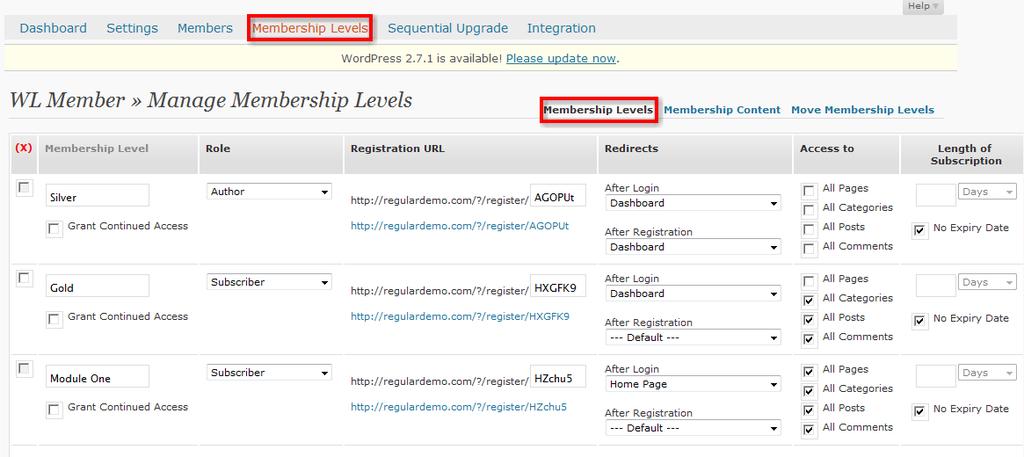 5) Set Login/Registration Redirects for individual Membership Levels if necessary: a. Login to WordPress. b. Navigate to WishList Member Dashboard by selecting WL Member in the PlugIns section. c.