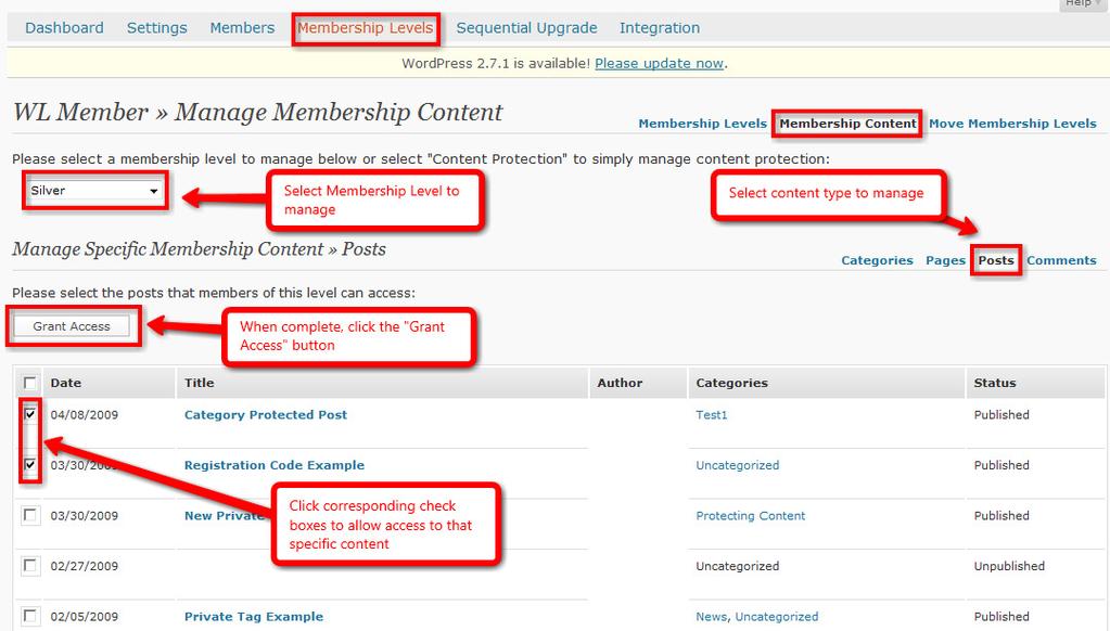 Select the desired content to manage using the options on the far right of page (Categories, Pages,