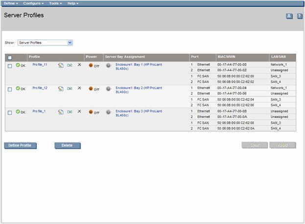 Server Profiles screen This screen lists all server profiles that have been defined within the domain, including assigned and unassigned profiles.