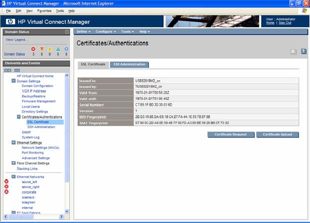 Certificate Administration Certificates/Authentications (SSL Certificate) screen This page displays the detailed information of the Secure Socket Layer (SSL) Certificate currently in use by the
