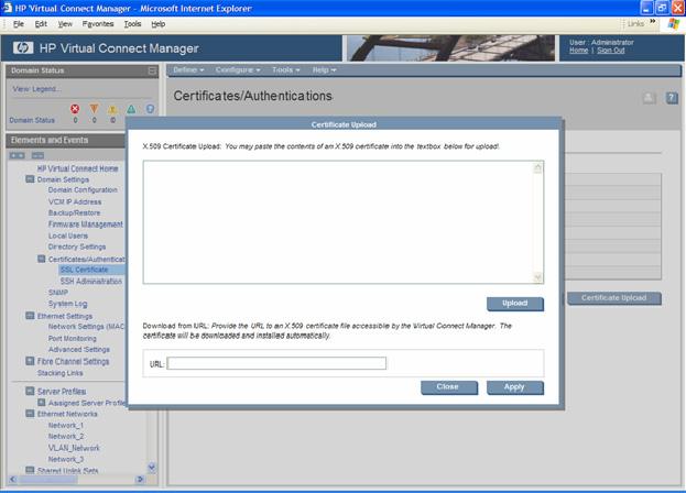 If the new certificate is successfully accepted and installed by the Virtual Connect Manager, you are automatically logged out.
