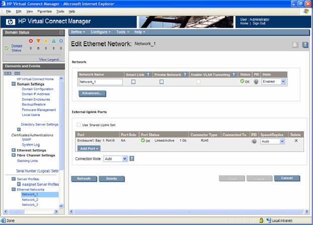 Task Define a new network Illuminate the PID for all uplink ports associated with a network View a printable report Action Click Define Network. Click on the circle next to the network in the list.