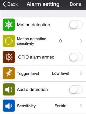 Alarm Setting: Motion Detection On (detects motion) Off (does not detect motion) o Motion detection sensitivity 10 settings 0 is the lowest setting and that has NO detection capabilities.