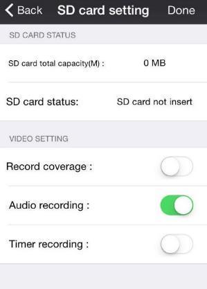 SD card setting: IMPORTANT: NOT AVAILABLE FOR TS-623 SD card status o Memory capacity (# of MB or GB) o SD card inserted or not inserted Video setting o Record coverage Will record your video stream