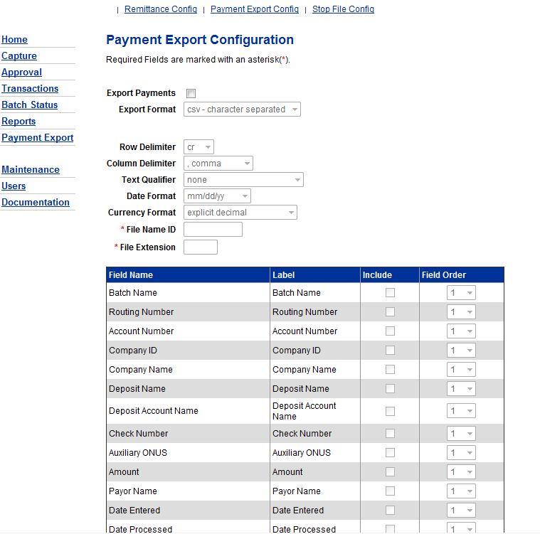 This will display the following screen. Place a check mark in the export payments box. Select the type of file to be created. Values are: ASCII CSV Quick Books - IIF Select the row Delimiter.