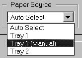3. Select Tray 1 (Manual) in the Paper Source area of the print setup dialog box (C). Select print from your screen. 4.