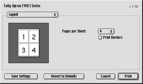 If you want to use the N-up printing feature select Layout from the drop-down menu. Then select a number A under Pages per Sheet (C). 5.