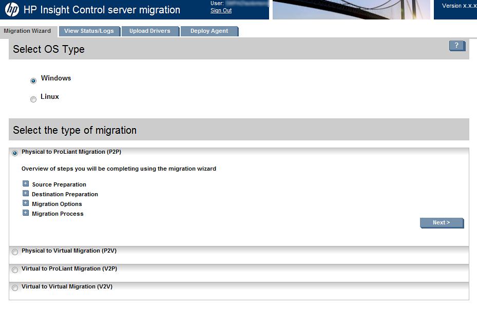 HP Insight Control server migration software tabs Figure 1 Migration screen The Insight Control server migration software screen has the following tabs: Migration Wizard This tab enables you to