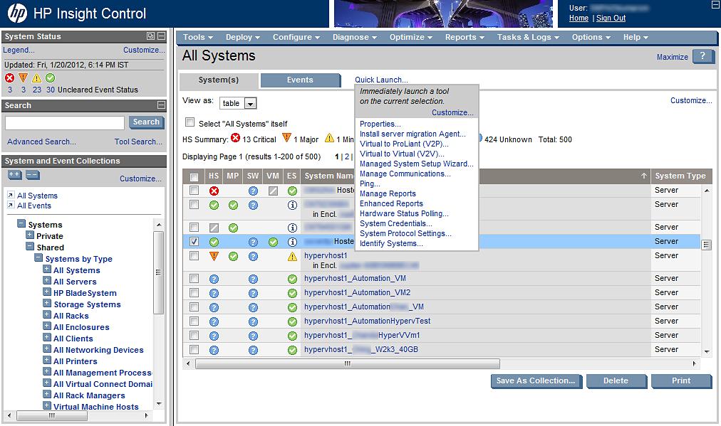Figure 10 Quick Launch From the All Systems page in the Systems Insight