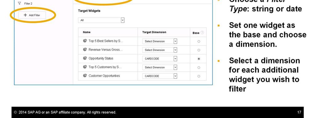 When editing an advanced dashboard in the Pervasive Analytics Designer, you can add filters. Each filter can apply to multiple widgets. On the Filter Settings page, you can choose Add Filter.