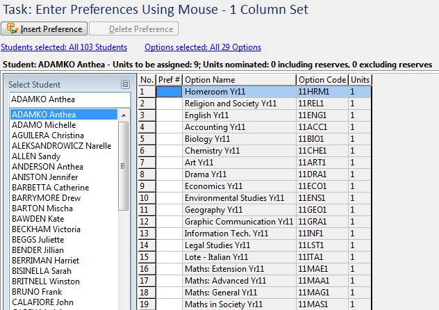 ENTER INDIVIDUAL STUDENT PREFERENCES There are 3 ways that individual student preferences can be entered: In the Preferences - Mouse (1) screen, the mouse is used to double click on subjects in