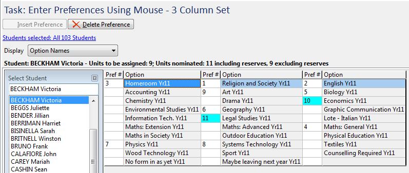 PREFERENCES - MOUSE (3) Student preferences are entered in the same way on the Preferences Mouse (3) screen as the previous example