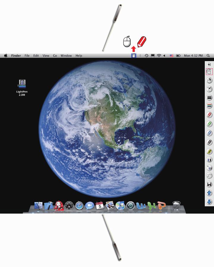 Use with Mac OS (continued) Switching quickly between mouse and pen modes Click the pointer or pen (Red Pen/Green Pen/Blue Pen/Black Pen/Marker Pen) tip above or below the screen to switch between