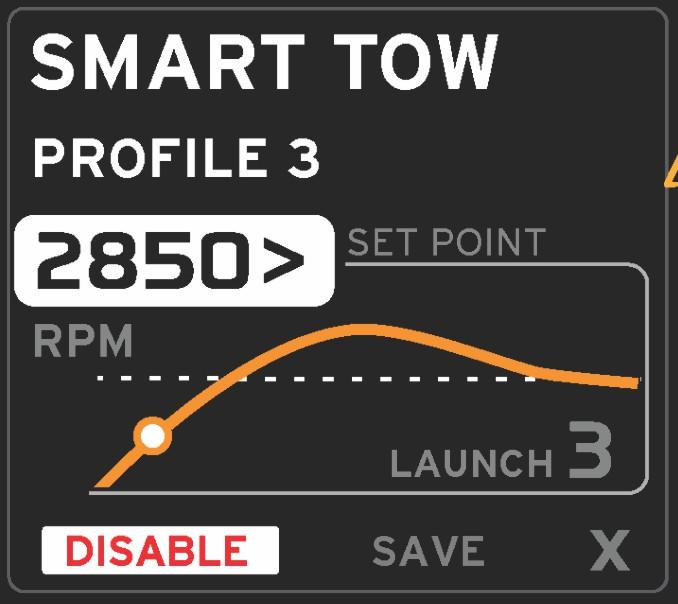 Set point is the default selection when Smart Tow is active. The operator can adjust the RPM or speed by pressing the arrows key.