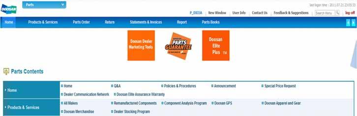 1. Access to Parts CE DOOBIZ Portal (2) 1.2. Main Screen Navigation Main Header Dealer Portal screen is divided into five major sections. 1. Header: This part includes user information and common functions or all users.