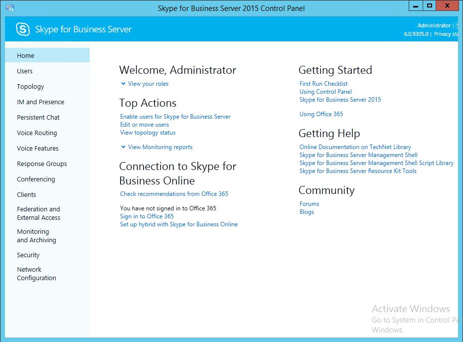 Enter your domain username and password, and then click OK; the Microsoft Skype for Business Server