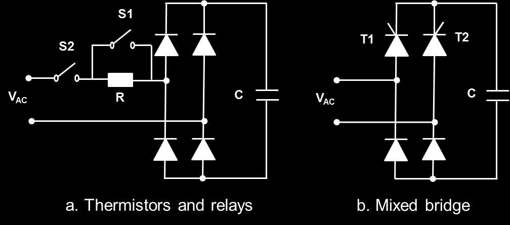 Fig. 1. Inrush current limiting topologies. The classic solution depicted in part a combines a standard diode bridge with a thermistor (R) and two mechanical relays (S1 and S2).