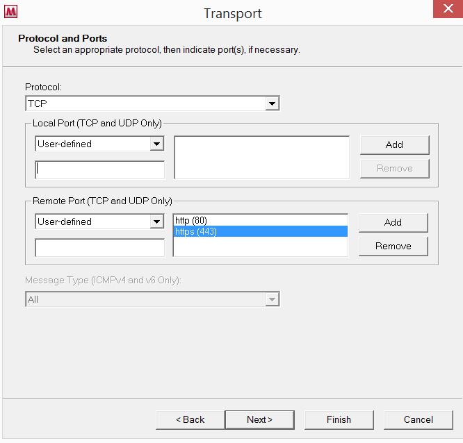 6. In the Transport window, use the dropdown menu in Protocol, select TCP.