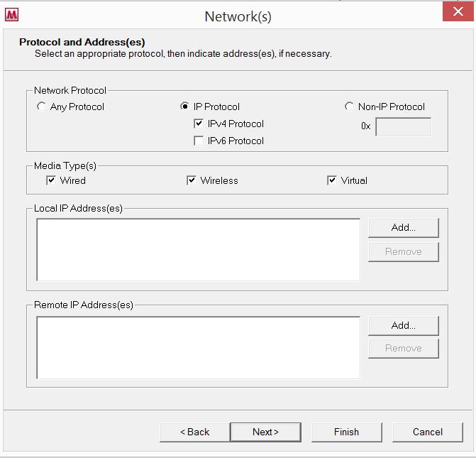 5. In the Network(s) window select IP Protocol and check IPv4 Protocol in the Network Protocol box.