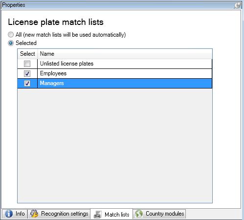 Match lists tab On this tab you select which license plate match list(s) you want a specific LPR camera to match license plates against.