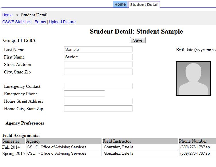 STUDENT DETAIL PAGE The student detail page provides the Department of Social Work Education with the most up to date information about you and also allows you to view your internship information.