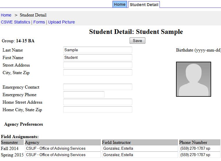 CSWE STATISTICS From the Student Detail page click on the CSWE Statistics link and you will be directed to a form with drop down menus.