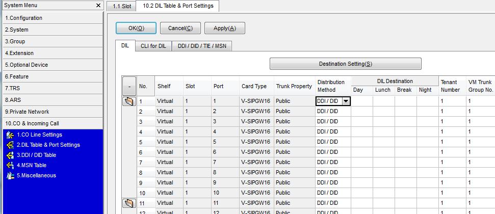(4) Incoming Call Routing Go to [10.2 DIL Table & Port Settings] and check the basic channel is set DDI/DID (default).
