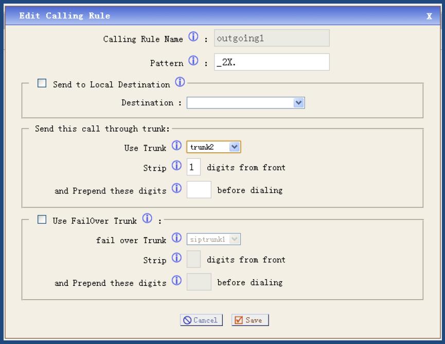 Pattern: it acts like a filter for marching numbers you dialed, here I set up _2X., it means any number you dial out with prefix 2 will use this outgoing call rule.