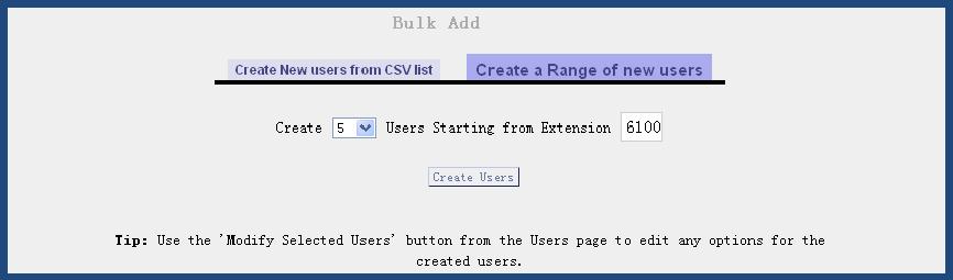 Here I want to create five users, and the extensions starts from 6100, so I select 5 in the Create drop-down list, and I set 6100 in the textbox of User Starting from Extension.