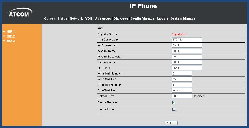 Attention: here you must register IAX2 user instead of SIP user, because the user 6020 is not in the same network segment as PBX-IP