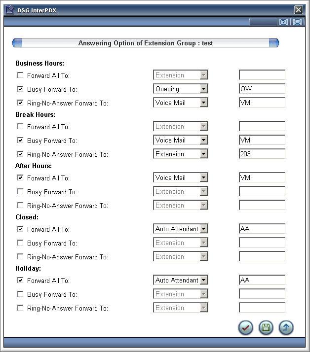 110 Chapter 6 Group Management Group Answering Option When members are not available, you may set alternatives to answer calls. 1. Go to Main Menu>Group Management>Extension Groups.