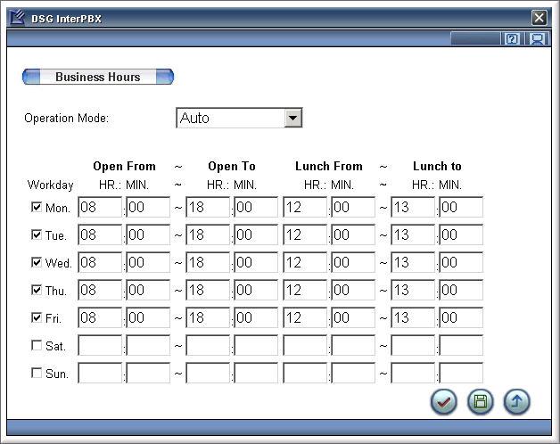 40 Chapter 3 System Configuration 1. Go to Main Menu>System Configuration>Business Hours. 2. From the Operating Mode list, select your company s operating mode.
