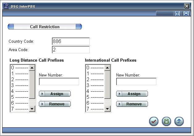 Chapter 3 System Configuration 43 1. Go to Main Menu>System Configuration> Call Restriction. 2. Set the Country Code (e.g. 1 for US) and Area Code (e.g. 213 for L.A.) where PBX Server is located. 3. On the list of Long Distance Call Prefixes, select one entry and assign the long distance call prefix plus the area code (e.